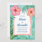 Tropical Island Palm Hibiskus Wedding Einladung (Vorderseite)