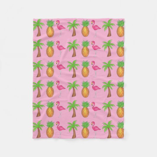 Tropical Island Palm Tree Ananas Pink Flamingo Fleecedecke (Vorderseite)