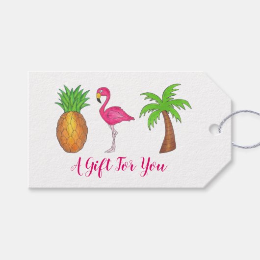 Tropical Island Palm Tree Ananas Pink Flamingo Geschenkanhänger (Vorderseite (Horizontal))