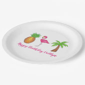Tropical Island Palm Tree Ananas Pink Flamingo Pappteller (Schrägansicht)