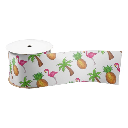 Tropical Island Palm Tree Ananas Pink Flamingo Satinband (Spule)