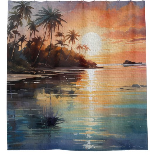 Tropical Island Palm Tree Ocean Beach Sunset Duschvorhang (Vorderseite)