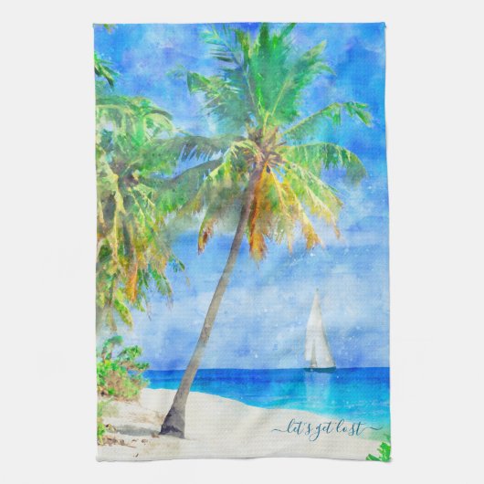 Tropical Island Palm Tree Sailboat Geschirrtuch (Vertikal)