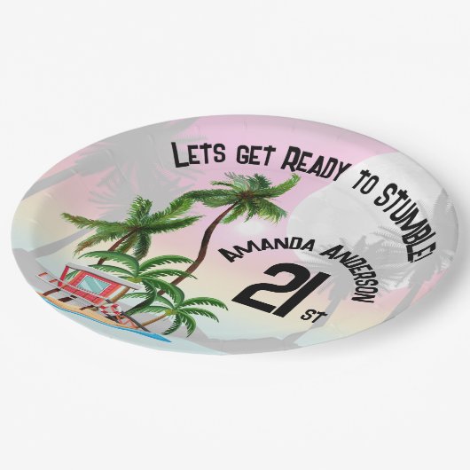 Tropical Island Palm Tree Sonnenuntergang Einladun Pappteller (Schrägansicht)