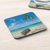 Tropical Island Paradise Boat on Sandy Beach Getränkeuntersetzer (Linke Seite)