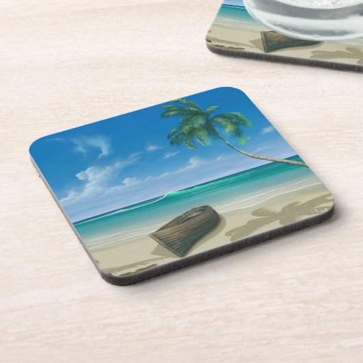 Tropical Island Paradise Boat on Sandy Beach Getränkeuntersetzer (Linke Seite)