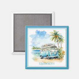 Tropical Island Retro Blue Bus Magnet