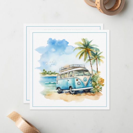 Tropical Island Retro Blue Bus  Mitteilungskarte (Vorderseite/Rückseite Beispiel)