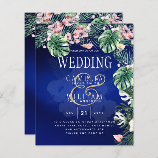 Tropical Island Royal Blue Flowers Blätter Wedding (Vorne/Hinten)