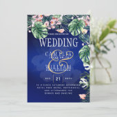 Tropical Island Royal Blue Flowers Blätter Wedding Einladung (Stehend Vorderseite)