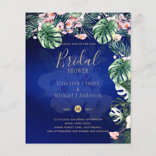 Tropical Island Royal Blue Flowers Blätter Wedding Flyer (Vorne)