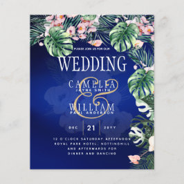 Tropical Island Royal Blue Flowers Blätter Wedding Flyer