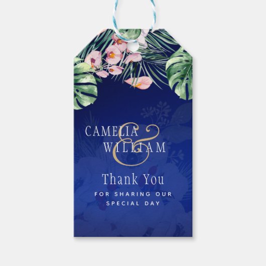 Tropical Island Royal Blue Flowers Blätter Wedding Geschenkanhänger (Vorderseite)