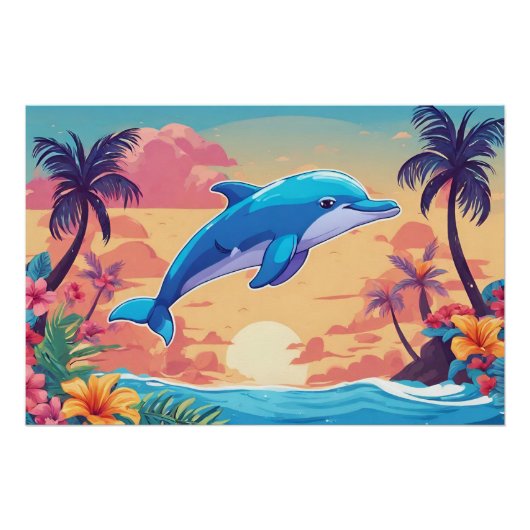 Tropical Island Sunset and Dolphin Poster (Vorderseite)