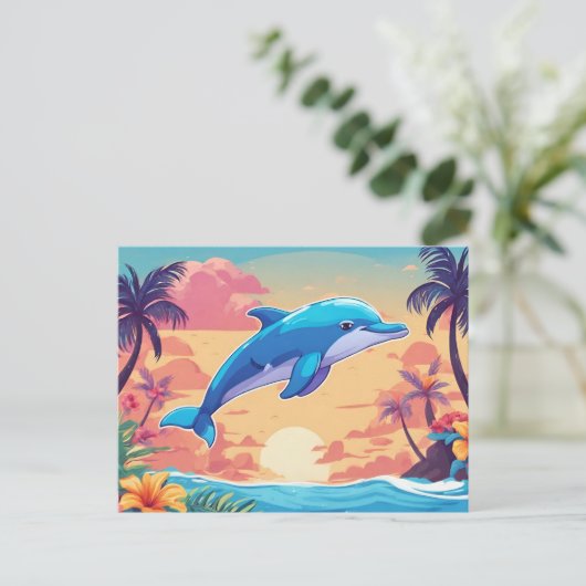 Tropical Island Sunset and Dolphin Postkarte (Stehend Vorderseite)
