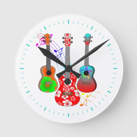 Tropical Island Ukulele Player Music Runde Wanduhr (Vorderseite)