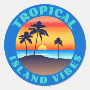 Tropical Island Vibes, Sonnenuntergang mit Palmen Runder Aufkleber