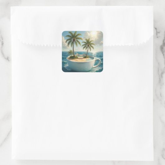 Tropical Island With Hammock in a Teacup Quadratischer Aufkleber (Tasche)