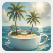 Tropical Island With Hammock in a Teacup Quadratischer Aufkleber (Vorderseite)