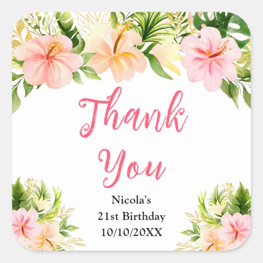 Tropical Jungle Floral Birthday Thank You Quadratischer Aufkleber (Vorderseite)