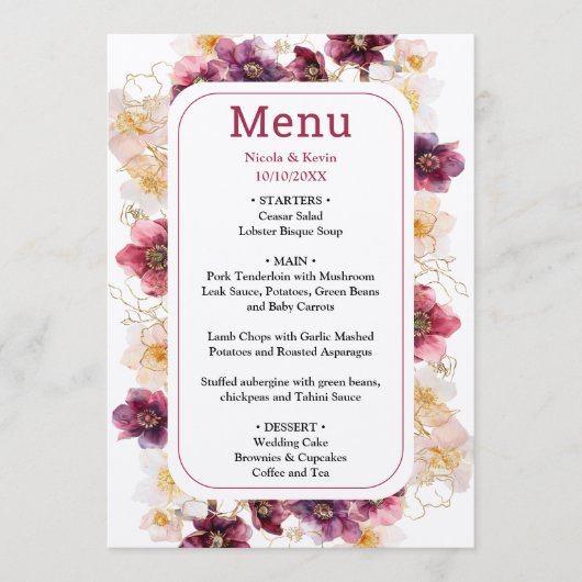 Tropical Jungle Floral Wedding Menükarte (Vorderseite)