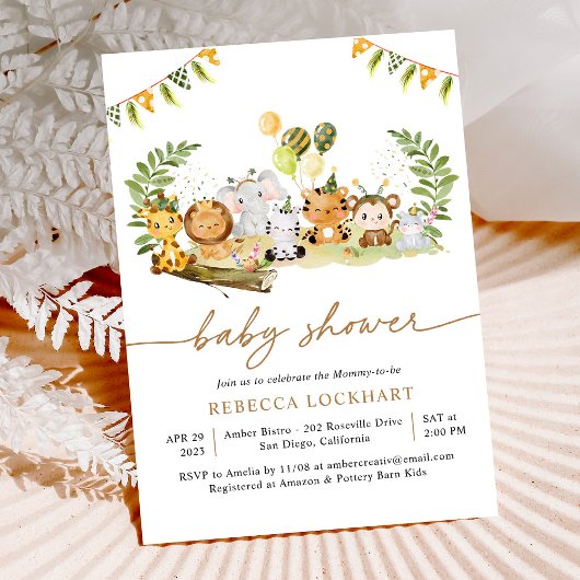 Tropical Jungle Safari Animals Baby Dusche Einladung
