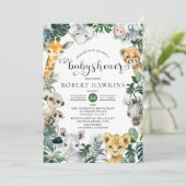 Tropical Jungle Safari Animals Baby Shower Einladung (Stehend Vorderseite)