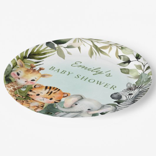 Tropical Jungle Safari Tierwelt Babydusche Pappteller (Schrägansicht)