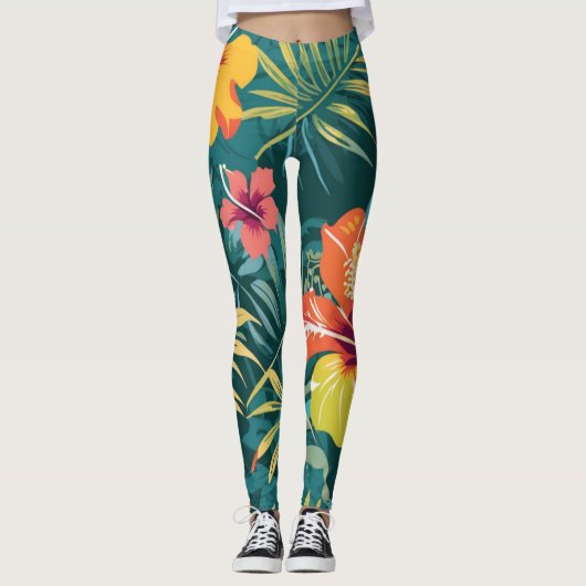 Tropical Kawung Batik mit Hibiskus Leggings (Vorderseite)