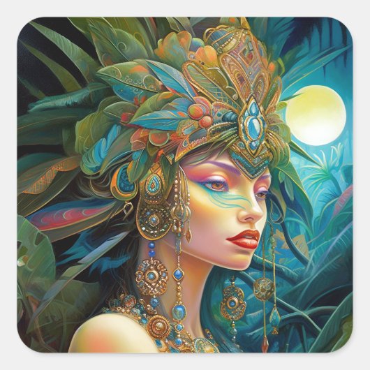 Tropical Lady Fantasy Art Quadratischer Aufkleber (Vorderseite)