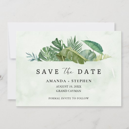 Tropical Leaf Beach Hochzeit Save the Date Einladung (Vorderseite)