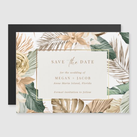 Tropical Leaf Beach Hochzeit Save the Date Magneteinladung (Vorne/Hinten)