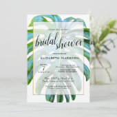 Tropical Leaf Elegantes Script-Brautparty Einladung (Stehend Vorderseite)