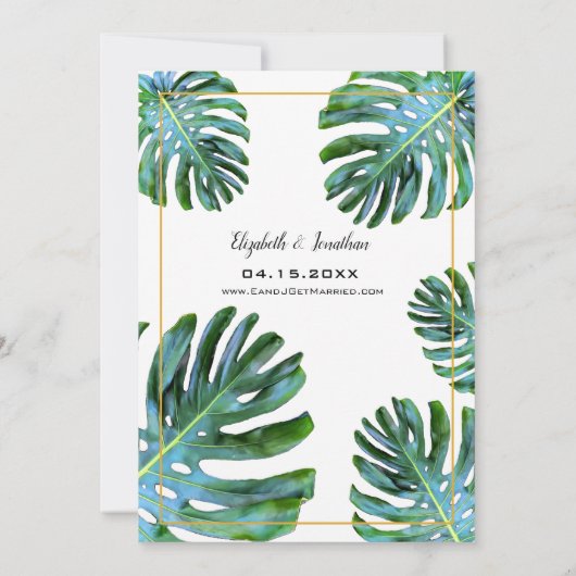 Tropical Leaf Elegantes Script-Brautparty Einladung (Rückseite)