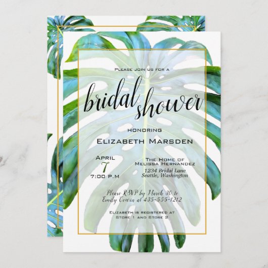 Tropical Leaf Elegantes Script-Brautparty Einladung (Vorne/Hinten)