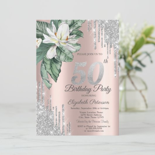 Tropical Leaf Magnolia Tropfen Rose Gold 50. Einladung (Stehend Vorderseite)