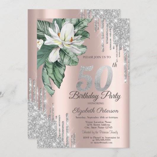 Tropical Leaf Magnolia Tropfen Rose Gold 50. Einladung (Vorne/Hinten)