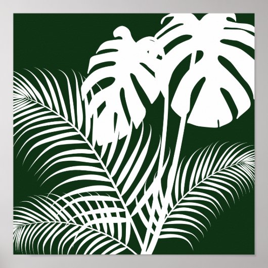 Tropical Leaves 1 White on Dark Green Art Print Poster (Vorne)