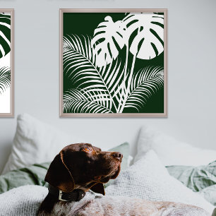 Tropical Leaves 1 White on Dark Green Art Print Poster
