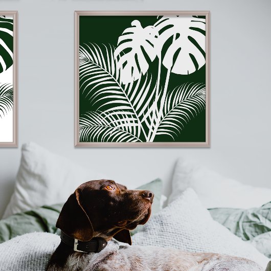 Tropical Leaves 1 White on Dark Green Art Print Poster