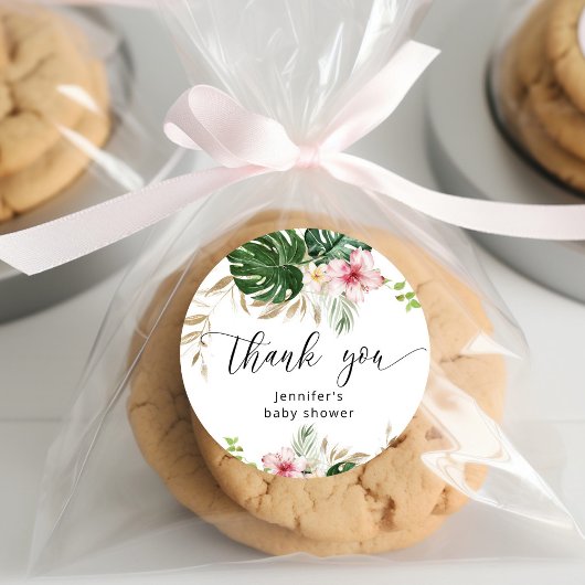 Tropical leaves monstera girl baby shower runder aufkleber