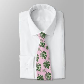 Tropical Leaves Pattern Green on Pink  Krawatte
