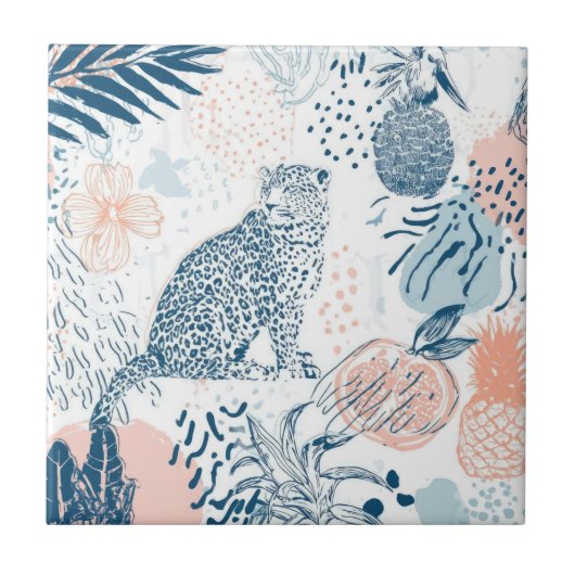 Tropical Leopard Blue Peach Abstract Fliese (Vorderseite)