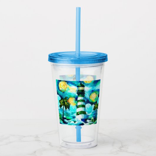 Tropical Lighthouse & Palm Trees Green Blue Aquama Acryltrinkbecher (Vorderseite)