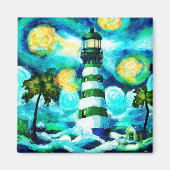 Tropical Lighthouse & Palm Trees Green Blue Aquama Magnet (Vorne)