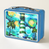 Tropical Lighthouse & Palm Trees Green Blue Aquama Metall Brotdose (Rückseite)