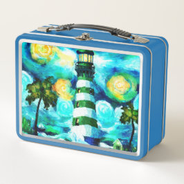 Tropical Lighthouse & Palm Trees Green Blue Aquama Metall Brotdose