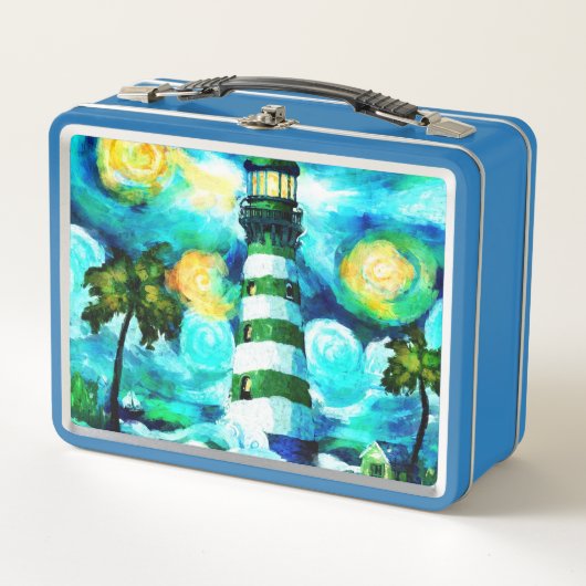 Tropical Lighthouse & Palm Trees Green Blue Aquama Metall Brotdose (Vorderseite)
