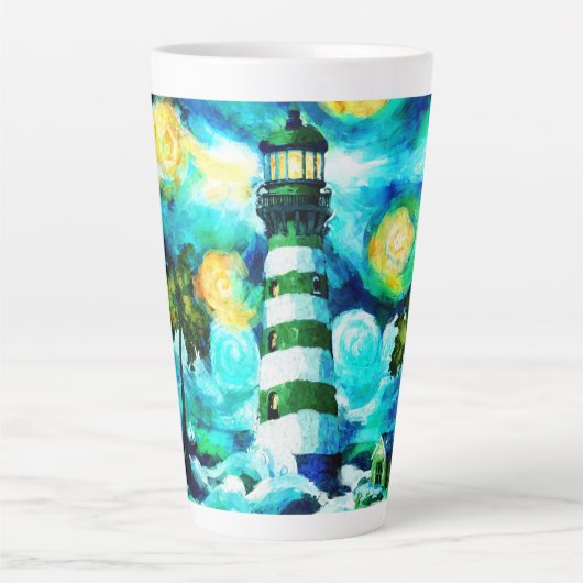 Tropical Lighthouse & Palm Trees Green Blue Aquama Milchtasse (Vorderseite)