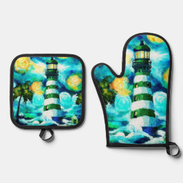 Tropical Lighthouse & Palm Trees Green Blue Aquama Ofenhandschuh & Topflappen-Set